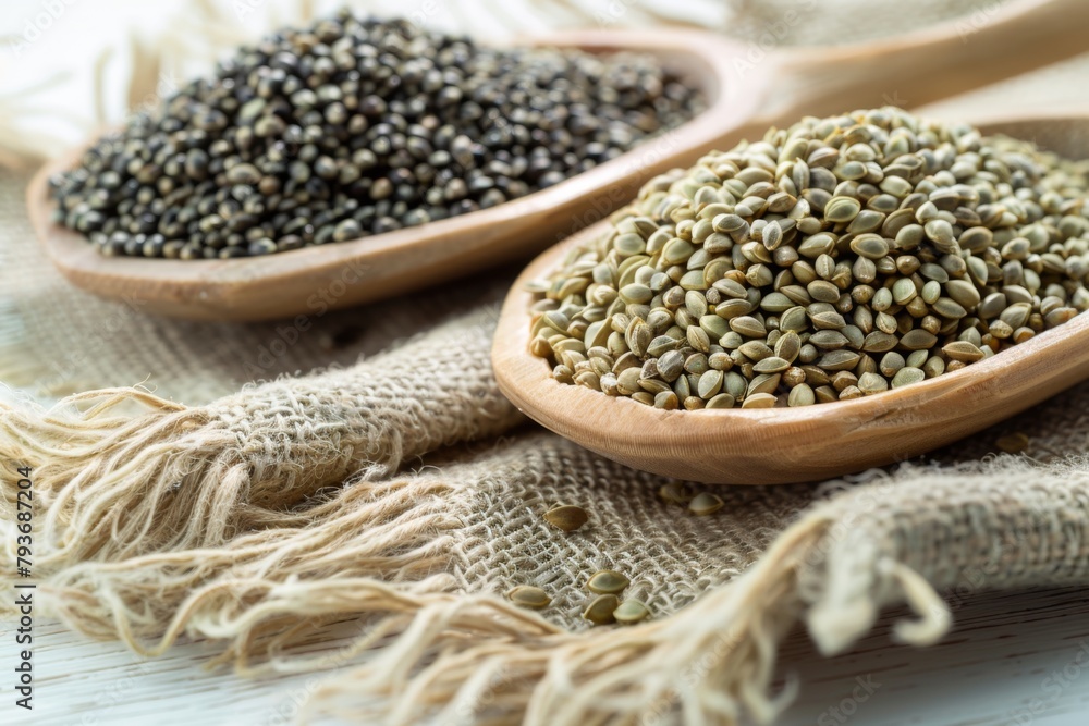 Fototapeta premium Assorted Hemp Seeds in Wooden Spoons