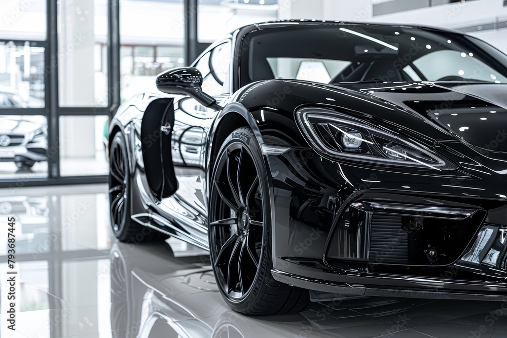 Luxurious new black car displayed in modern showroom at car dealership for sale and rent business
