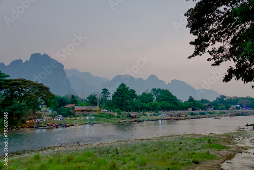 View of the mountains and river of Vang Vieng in Laos at sunset