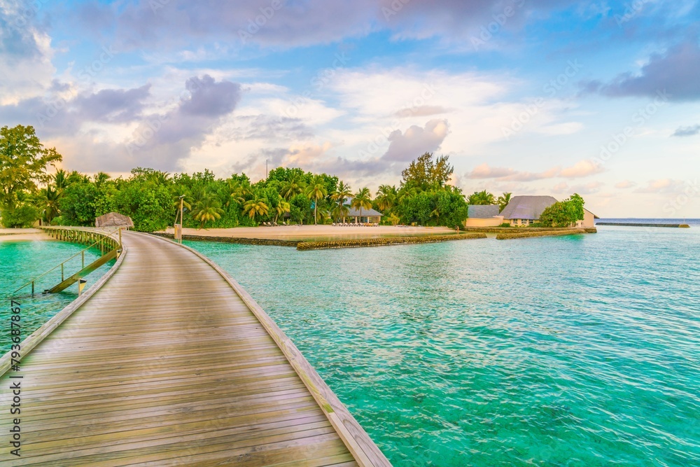 Beautiful water villas tropical maldives island sunset time