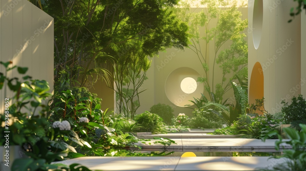 A serene 3D rendering of a lush green garden with abstract shapes  AI generated illustration