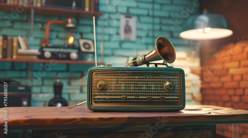 A retro-inspired 3D render of a radio show broadcasting  AI generated illustration photo