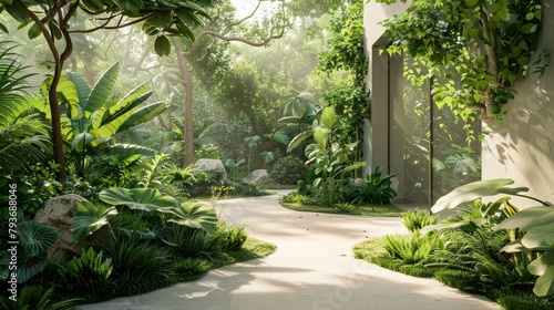 A serene 3D rendering of a lush green garden with abstract shapes  AI generated illustration © ArtStage