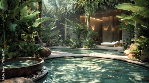 A serene 3D spa with tranquil pools and lush greenery AI generated illustration
