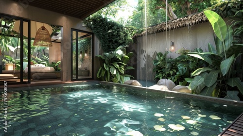 A serene 3D spa with tranquil pools and lush greenery  AI generated illustration © ArtStage