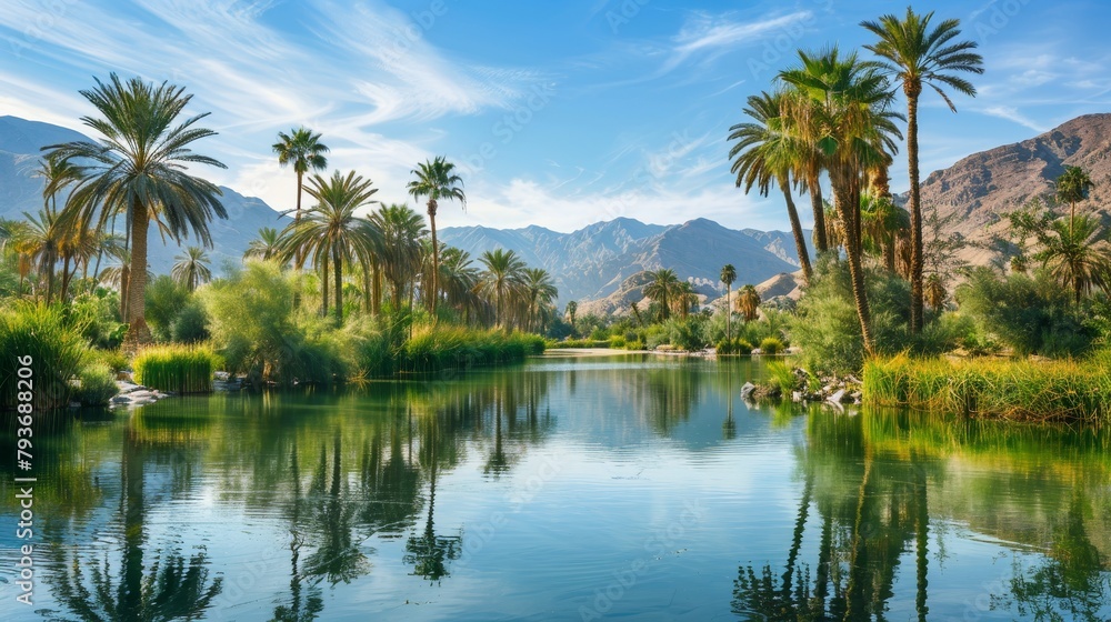 A serene desert oasis with palm trees and oasis AI generated illustration A serene desert oasis with palm trees and oasis AI generated illustration