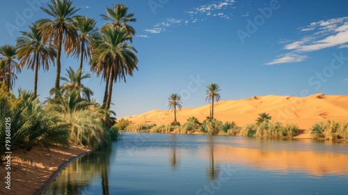 A serene desert oasis with palm trees and oasis  AI generated illustration