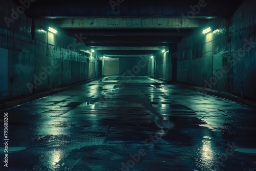 Midnight basement parking area or underpass alley. Wet, hazy asphalt with lights on sidewalls. crime, midnight activity concept  photo