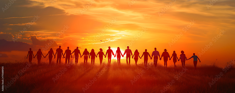 Giving a helping hand concept of unity, teamwork and charity with sunrise background.