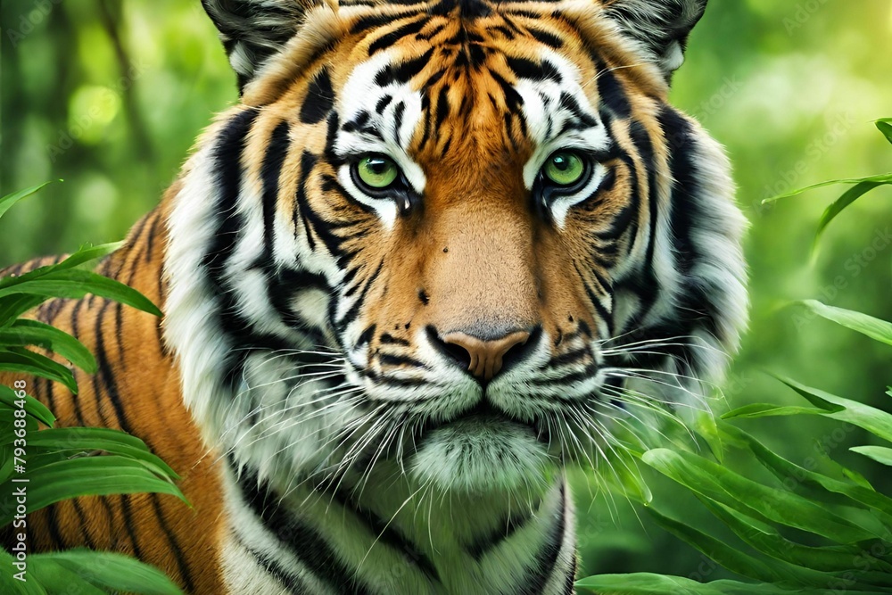 beautiful bengal tiger with lush green habitat background 