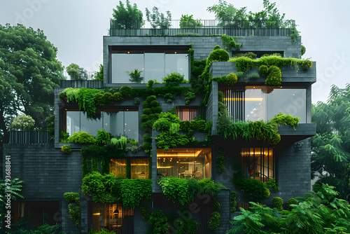 Sustainable architecture, the facade of a modern building with a lot of green plants