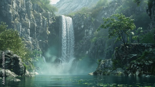 A stunning 3D rendering of a majestic waterfall  AI generated illustration
