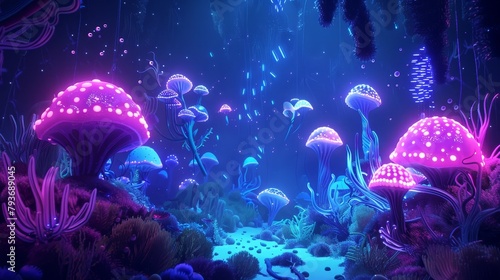 A surreal 3D underwater world with glowing sea creatures AI generated illustration