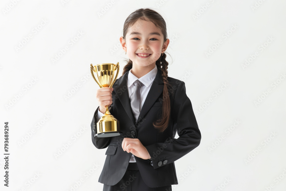 A Japanese girl exudes confidence in her business attire as she holds a gold trophy with pride against a white background, her smile lighting up the scene. A Japanese girl exudes confidence in her business attire as she holds a gold trophy with pride against a white background, her smile lighting up the scene.