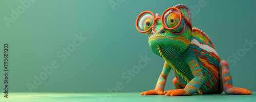 A colorful chameleon wearing glasses is standing on a blue background . Concept of whimsy and playfulness, as the chameleon is dressed in a quirky and unexpected outfit photo