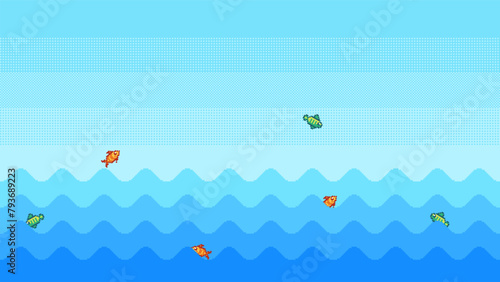 Pixel art sea waves background with fish jumping out of water. Vector seamless background.