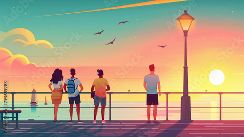 People watching sunset at sea. Characters from behind  looking and enjoying evening sky  sun  standing on deck  pier. Seaside landscapes  travel posters set.