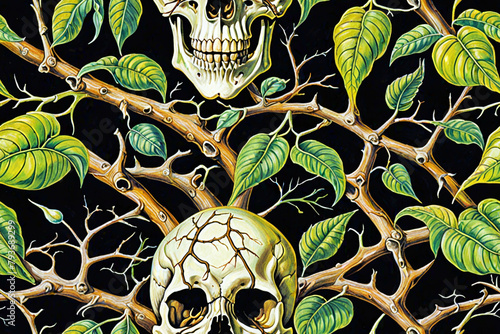 Skulls intertwined with branches and leaves. Seamless pattern. Digital illustration.