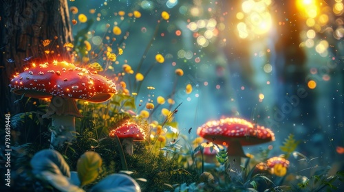 A tranquil forest setting with glowing mushrooms and vibrant plants  AI generated illustration