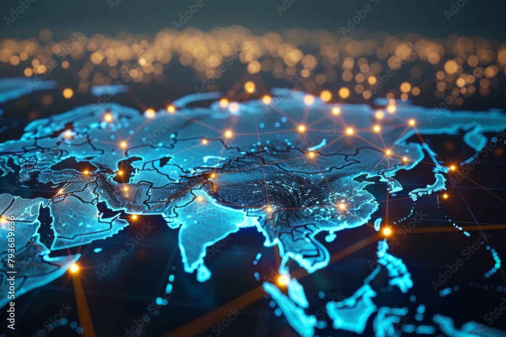 Fototapeta premium Digital Map of Asian Network Technology created with Generative AI