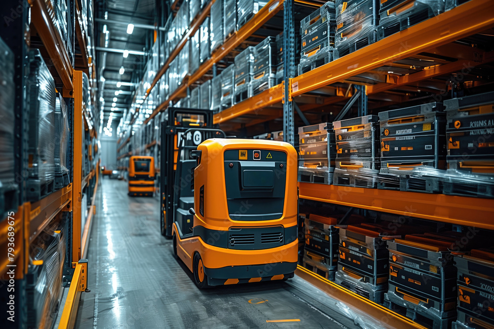A high-tech warehouse equipped with AI-powered inventory management systems that track stock levels, monitor expiration dates, and optimize storage space using advanced algorithms