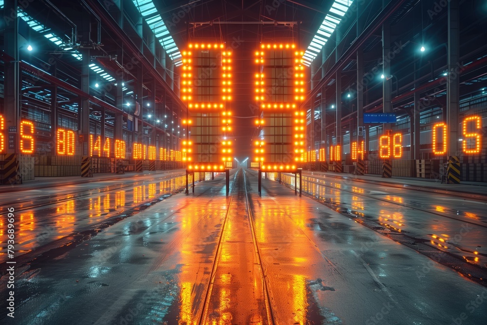 Naklejka premium A high-tech warehouse equipped with AI-powered inventory management systems that track stock levels, monitor expiration dates, and optimize storage space using advanced algorithms