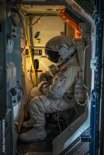 Professional Photography showcasing an astronaut undergoing rigorous training at a space agency facility, simulating complex space missions