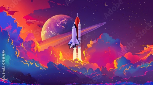 A vibrant rendering of a space shuttle launching AI generated illustration