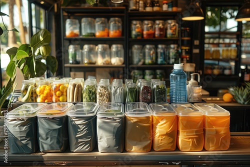A lineup of eco-friendly packaging materials like biodegradable containers, compostable bags, and reusable bottles, promoting sustainable alternatives to single-use plastics in the circular economy