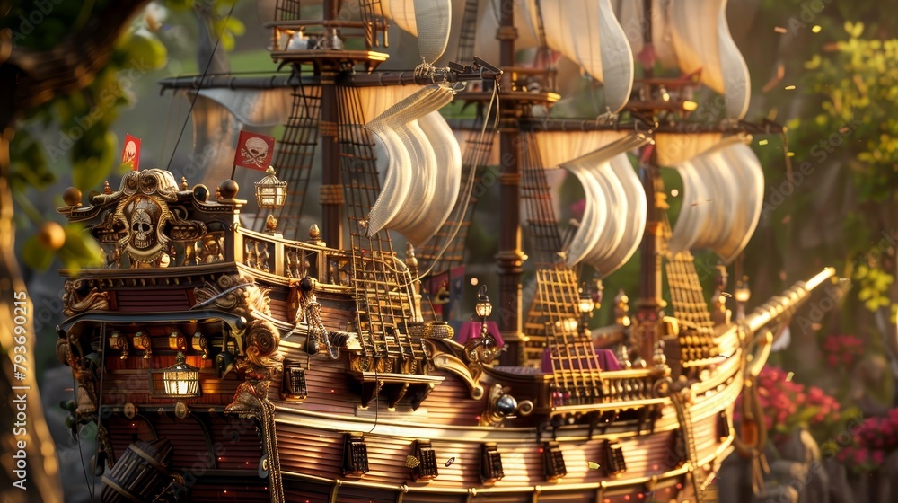 A whimsical 3D pirate ship with billowing sails and hidden treasures  AI generated illustration
