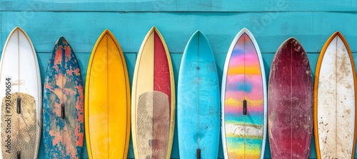 Vibrant surfboards under clear blue sky, ideal for a delightful summer beach holiday by the sea