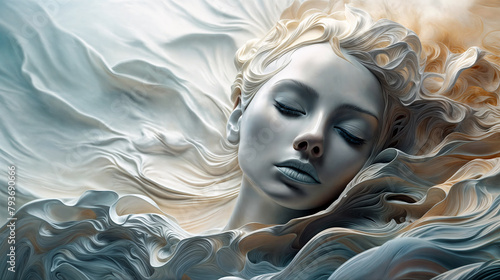 Ethereal Portrait of a Serene Young Woman with Artistic Swirls of Hair in Blue and Gold Tones