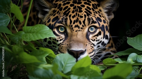 A leopards face emerges among vibrant leaves  exuding an aura of mystery and grace