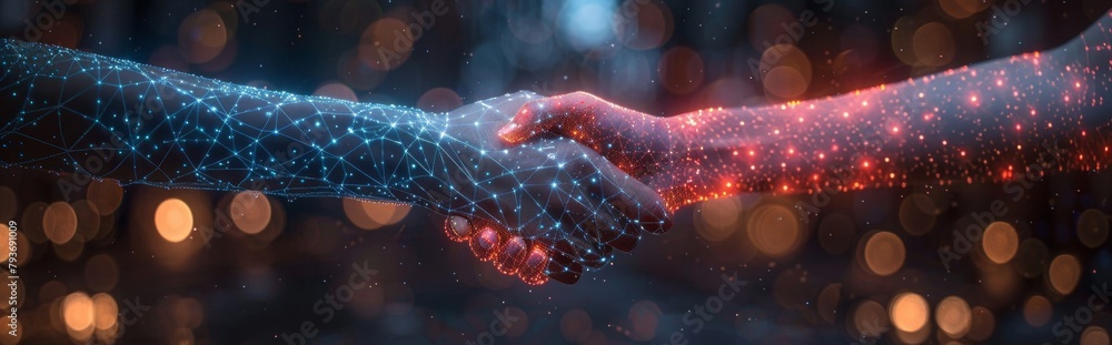 Two hands are held with a digital connection between them in a ...