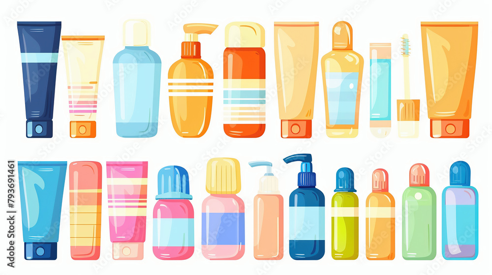 Set of cosmetic product bottles isolated on white background. plastic jar, tube, dispenser and pipette bottle, body skin care cream, lotion, face scrub, mask, hair Set of cosmetic product bottles isolated on white background. plastic jar, tube, dispenser and pipette bottle, body skin care cream, lotion, face scrub, mask, hair
