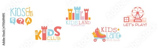 Kids Entertainment Club Colorful Promo Signs For Playing Space Vector Set