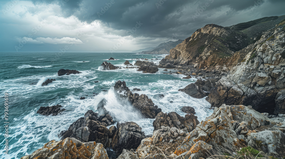Rugged beauty of a rocky coastline with waves crashing against the cliffs under a blustery sky