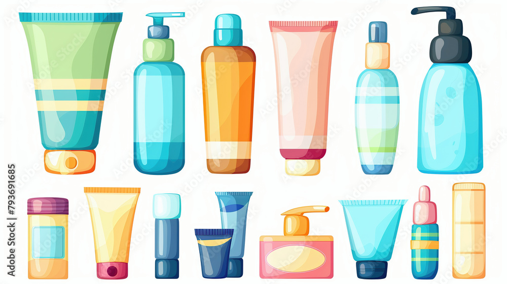 Set of cosmetic product bottles isolated on white background. plastic jar, tube, dispenser and pipette bottle, body skin care cream, lotion, face scrub, mask, hair Set of cosmetic product bottles isolated on white background. plastic jar, tube, dispenser and pipette bottle, body skin care cream, lotion, face scrub, mask, hair