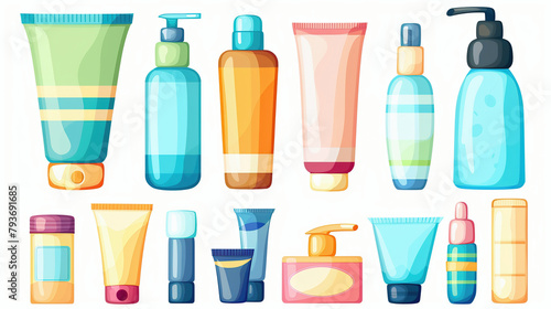 Set of cosmetic product bottles isolated on white background. plastic jar, tube, dispenser and pipette bottle, body skin care cream, lotion, face scrub, mask, hair