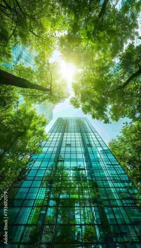 Eco friendly glass office building with tree in modern city, promoting sustainability