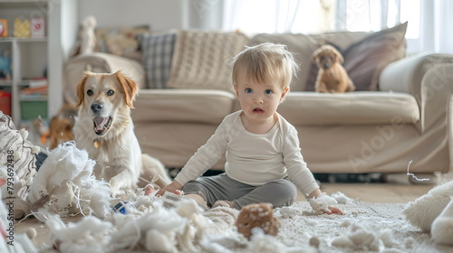 A baby making a mess in the living room shouting and food flying everywhere while sitting on the floor with a dog