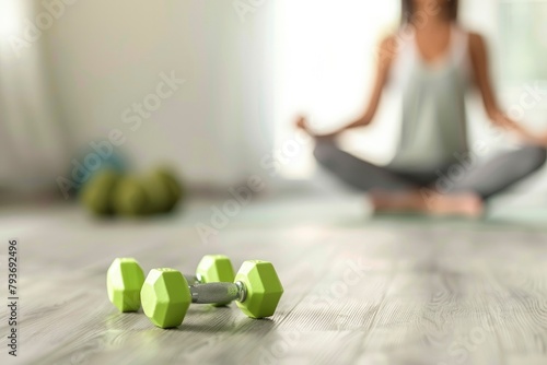 Green dumbbells on the floor in closeup, with a blurry image of a woman performing yoga in the backdrop