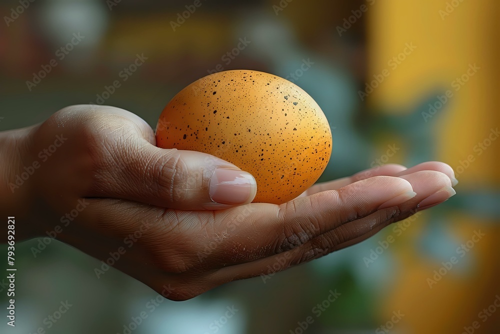 Serene Scene: Human Hand Cradling Brown Egg Serene Scene: Human Hand Cradling Brown Egg