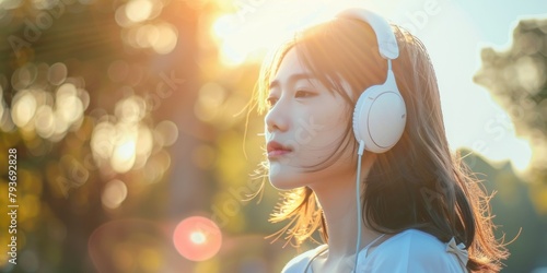 Backlit by a soft, warm glow, a girl listens to music on white headphones, lost in the calming moment