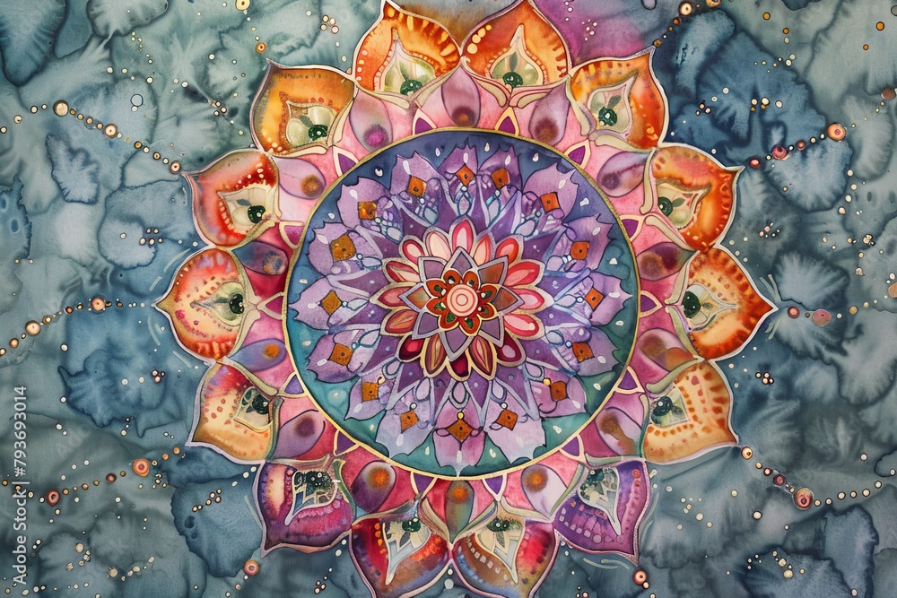 Intricate watercolor mandala design with intricate patterns and motifs