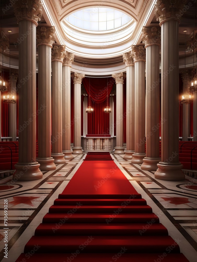 A digitally rendered virtual background displaying a grand hall with classic columns and red carpet, designed for virtual graduation ceremonies, providing a dignified and celebratory setting