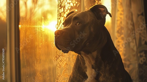 Through gauzy lace curtains filtering the days waning rays, the shadowy impression of a pit bulls glossy coat undulates with agitation, formidable jaw dropping in muffled whimpers of blissful recognit photo