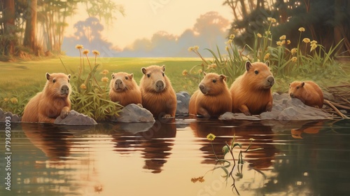 A group of capybaras lounging lazily by a lush riverside, with one capybara partially submerged in the water, reflecting a tranquil and sociable wildlife scene, ideal for nature and animal themes photo