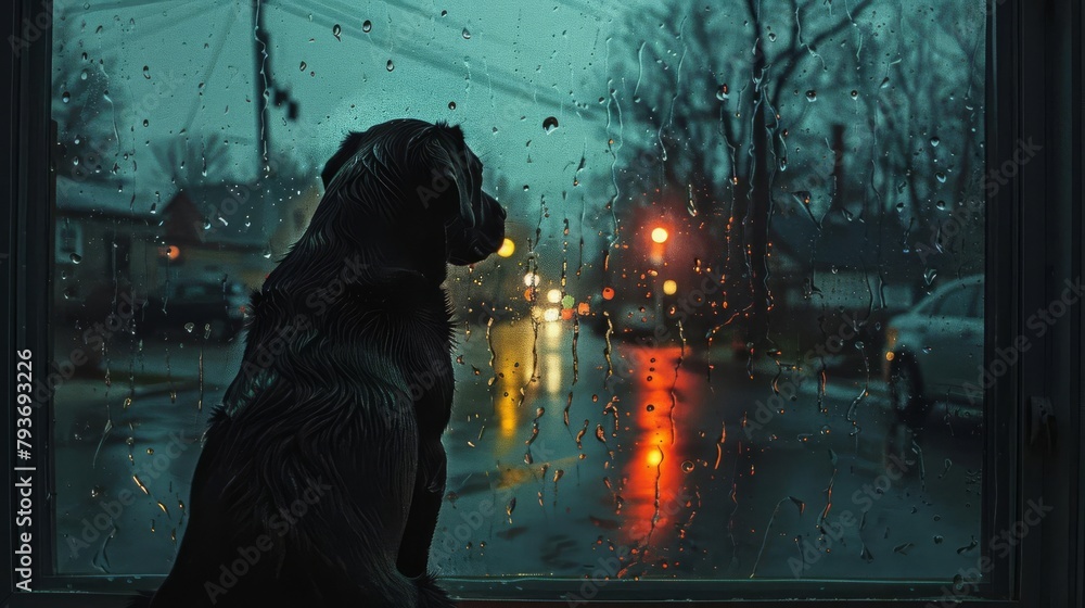 Through the rainspeckled window pane, a familiar suburban street glistens under streetlamps, the silhouette of a wagging tail betraying the presence of an eager pup awaiting its owners return - obrazy, fototapety, plakaty 