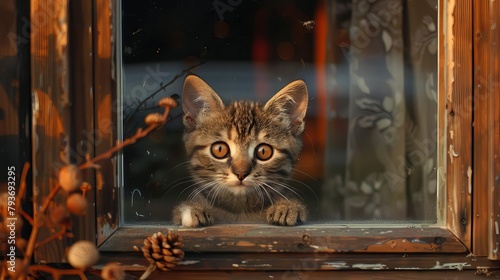 Through the kitchen window, a tabby kitten tentatively bats at the glass, amber eyes wide with entreaty aimed at the desolate winter twilight, pining for its special friends warm embrace photo